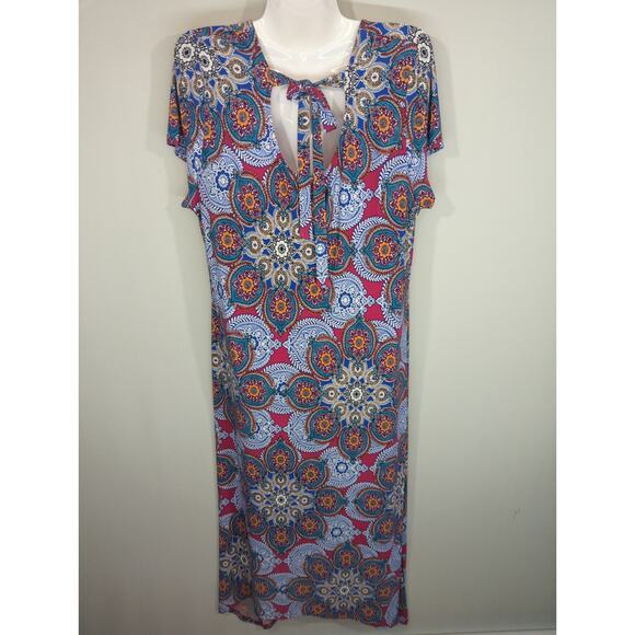 Chico's Medallion Clusters Multi Asymmetrical Hem Midi Dress Size 12/14 NWT - Picture 7 of 10